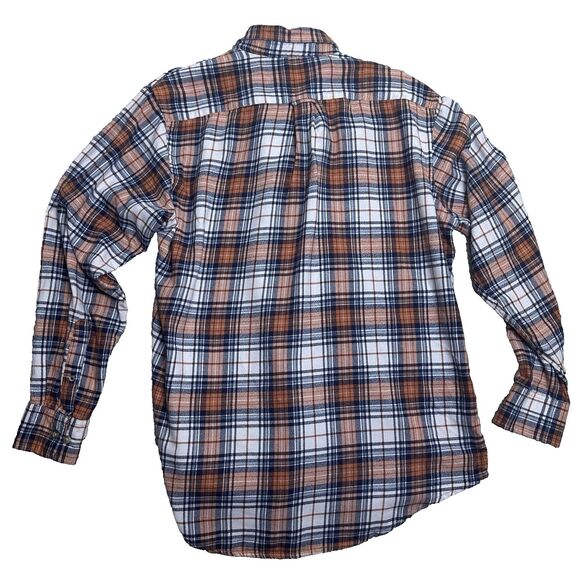 IZOD Mens Large Plaid Flannel Shirt Button Down Blue Orange Cotton Blend Pre-Own - Picture 2 of 12